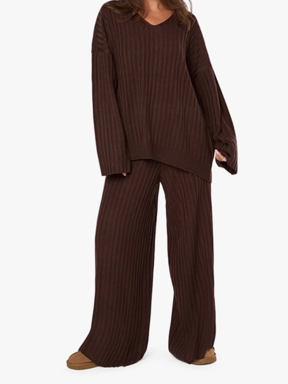WeWoreWhat Ribbed Knit Wide Leg Pant in Dark Brown